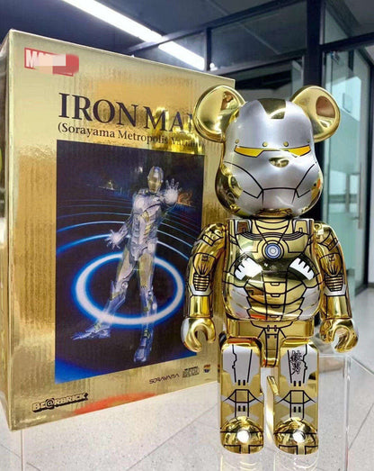 28cm BEARBRICK 400% Iron Man Gold and Silver ABS Action Figure Boxed