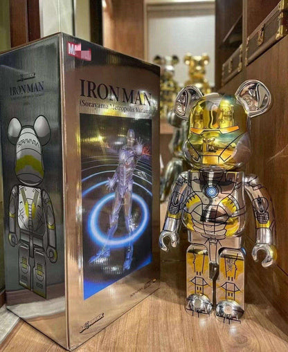 28cm BEARBRICK 400% Iron Man Gold and Silver ABS Action Figure Boxed