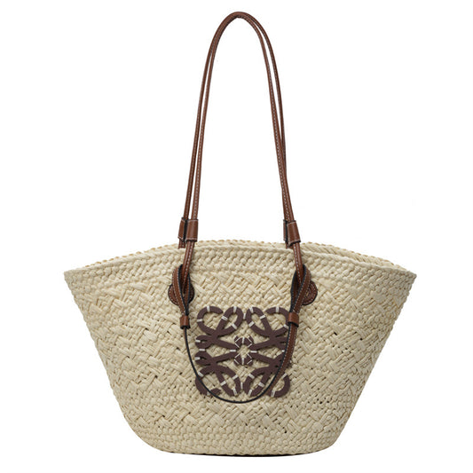 Ladies Handbag Palm Leaf and Calfskin Braided Basket Large/Small
